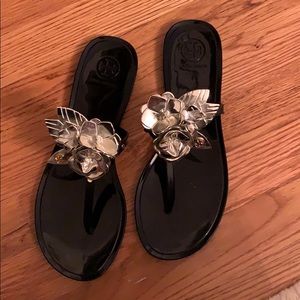 Tory Burch black and gold flower sandal